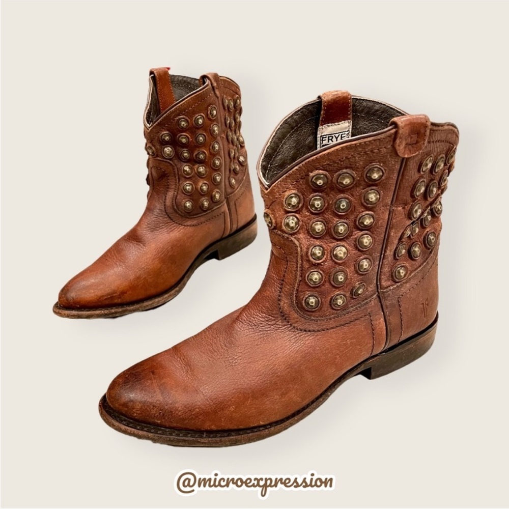 Frye Wyatt Disc Leather Brown Cowboy Metal Moto Vintage Distressed Ankle Boot - Picture 3 of 9